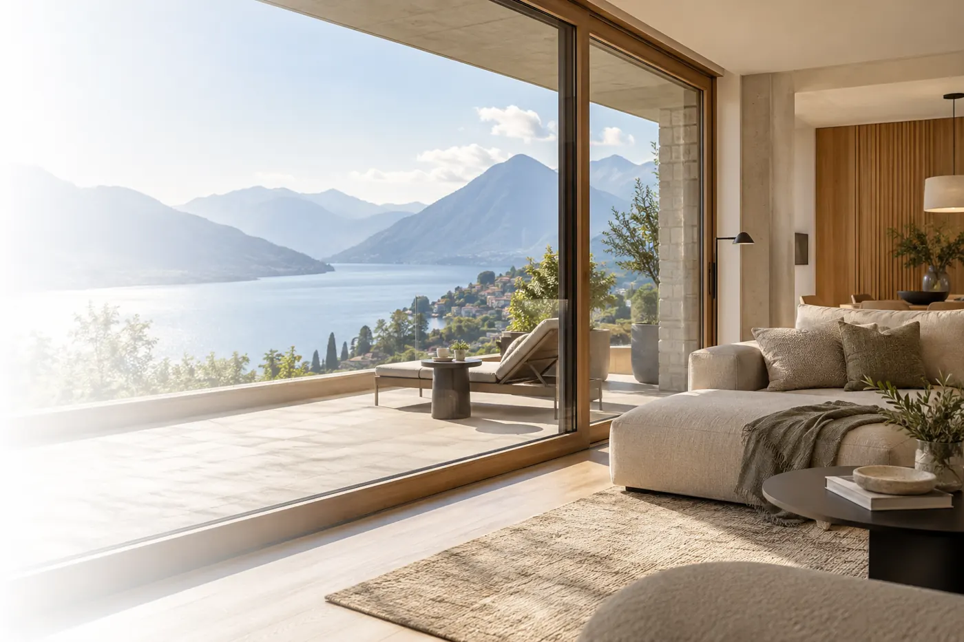 Interno illustrativo di un appartamento con vista su un lago ticinese
